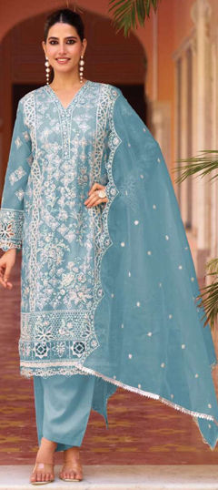 Blue color Salwar Kameez in Organza Silk fabric with Embroidered, Sequence, Thread work