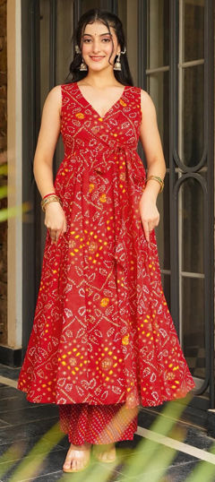 Red and Maroon color Salwar Kameez in Rayon fabric with Bandhej, Digital Print work