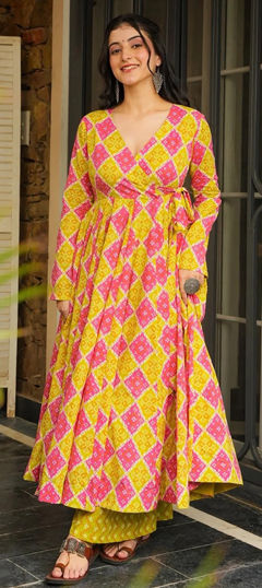 Pink and Majenta, Yellow color Salwar Kameez in Rayon fabric with Digital Print work