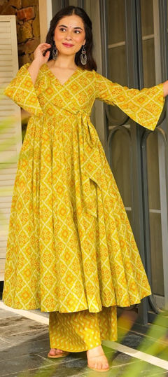 Yellow color Salwar Kameez in Rayon fabric with Digital Print work