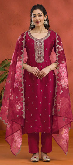 Pink and Majenta color Salwar Kameez in Viscose fabric with Embroidered, Thread, Zari work