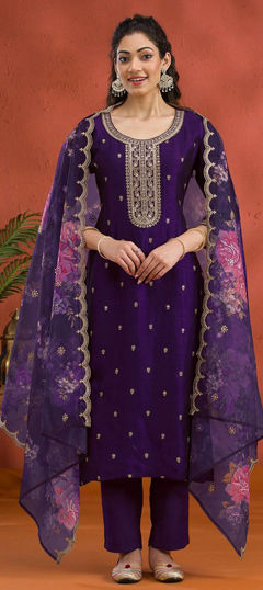 Purple and Violet color Salwar Kameez in Viscose fabric with Embroidered, Thread, Zari work