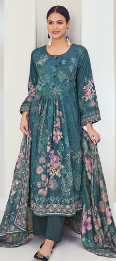 Blue color Salwar Kameez in Muslin fabric with Digital Print, Floral, Resham, Sequence, Thread work