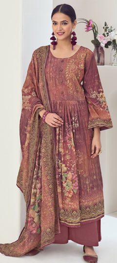 Beige and Brown color Salwar Kameez in Muslin fabric with Digital Print, Floral, Resham, Sequence, Thread work