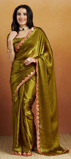 Green color Readymade Saree in Satin Silk fabric with Mirror work