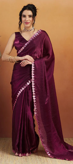 Purple and Violet color Readymade Saree in Satin Silk fabric with Mirror work