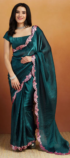 Blue color Readymade Saree in Satin Silk fabric with Mirror work