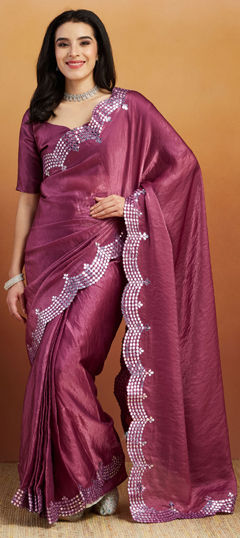 Purple and Violet color Readymade Saree in Satin Silk fabric with Mirror work