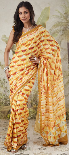 Yellow color Readymade Saree in Muslin fabric with Printed work