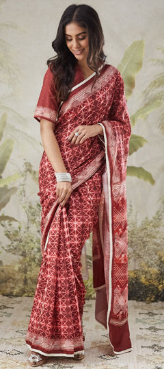 Red and Maroon color Readymade Saree in Muslin fabric with Printed work