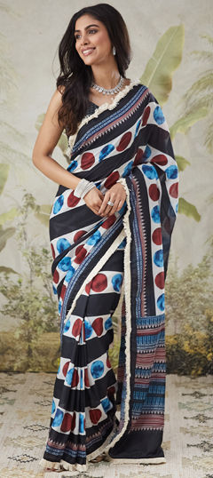 Black and Grey color Readymade Saree in Muslin fabric with Printed work