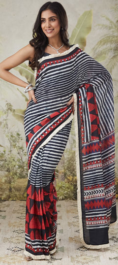 Red and Maroon color Readymade Saree in Muslin fabric with Printed work