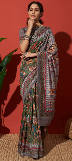 Green color Saree in Silk cotton fabric with Digital Print work
