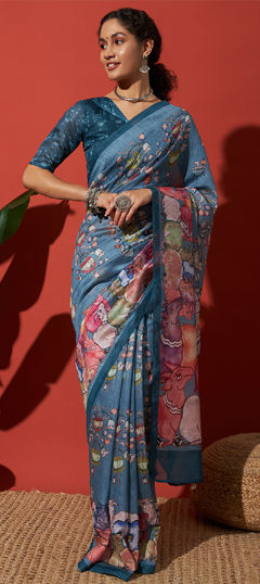 Blue color Saree in Silk cotton fabric with Digital Print work