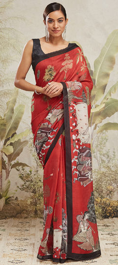 Red and Maroon color Saree in Silk cotton fabric with Digital Print work
