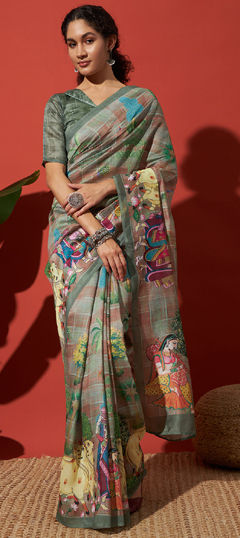 Green color Saree in Silk cotton fabric with Digital Print work