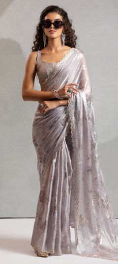 Black and Grey color Saree in Shimmer fabric with Foil Print, Zircon work