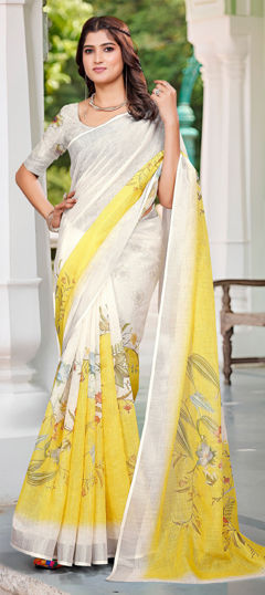 Beige and Brown color Saree in Cotton, Linen fabric with Digital Print, Floral work