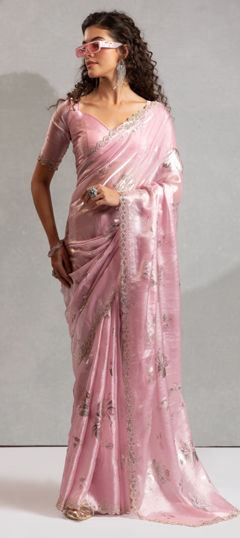 Pink and Majenta color Saree in Shimmer fabric with Foil Print, Zircon work