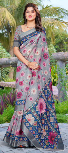 Black and Grey color Saree in Cotton, Linen fabric with Digital Print, Floral work