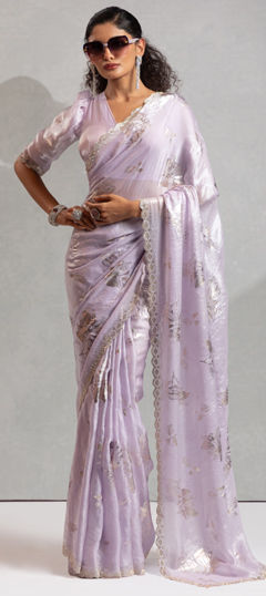 Purple and Violet color Saree in Shimmer fabric with Foil Print, Zircon work