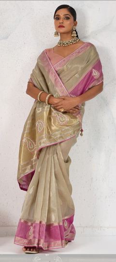 Beige and Brown color Saree in Linen fabric with Weaving, Zari work
