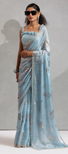 Blue color Saree in Shimmer fabric with Foil Print, Zircon work
