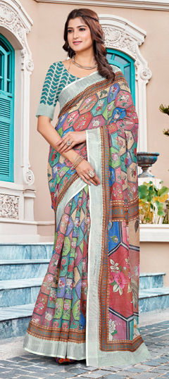 Multicolor color Saree in Cotton, Linen fabric with Digital Print, Floral work
