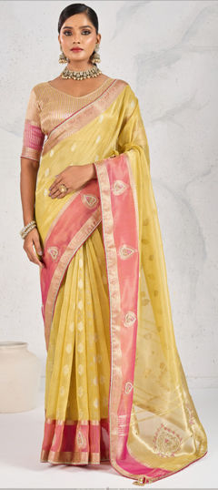 Yellow color Saree in Linen fabric with Weaving, Zari work