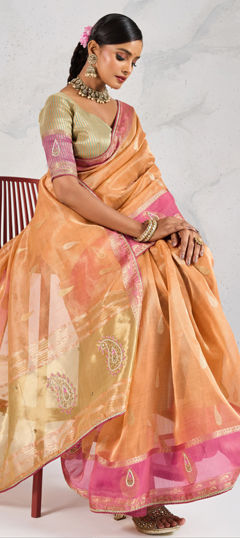 Orange color Saree in Linen fabric with Weaving, Zari work