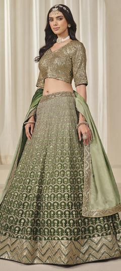 Green color Lehenga in Chinon Silk fabric with Embroidered, Sequence, Thread, Zari work