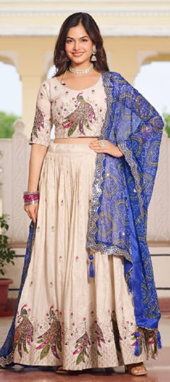 Beige and Brown color Ready to Wear Lehenga in Tissue fabric with Embroidered, Sequence, Thread work