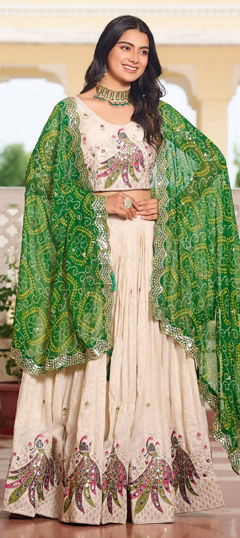 Beige and Brown color Ready to Wear Lehenga in Tissue fabric with Embroidered, Sequence, Thread work