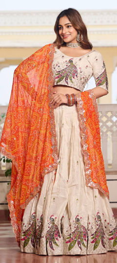 Beige and Brown color Ready to Wear Lehenga in Tissue fabric with Embroidered, Sequence, Thread work