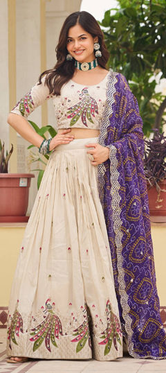 Beige and Brown color Ready to Wear Lehenga in Tissue fabric with Embroidered, Sequence, Thread work
