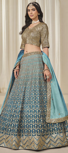 Blue color Lehenga in Chinon Silk fabric with Embroidered, Sequence, Thread, Zari work