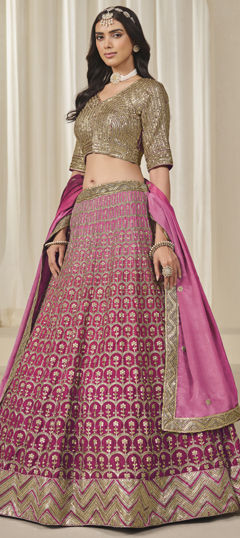 Pink and Majenta color Lehenga in Chinon Silk fabric with Embroidered, Sequence, Thread, Zari work