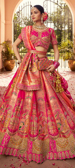 Pink and Majenta color Lehenga in Banarasi Silk fabric with Border, Embroidered, Printed, Resham, Stone, Weaving, Zari work