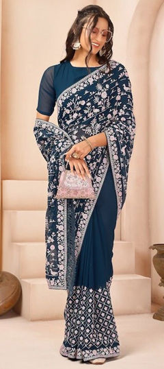 Blue color Saree in Georgette fabric with Embroidered work