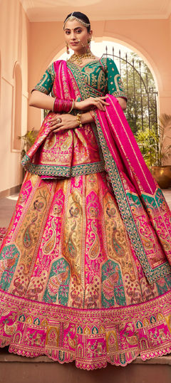 Orange, Pink and Majenta color Lehenga in Banarasi Silk fabric with Border, Embroidered, Printed, Resham, Stone, Weaving, Zari work