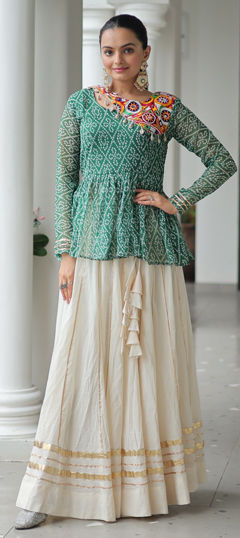 Green, White and Off White color Long Lehenga Choli in Cotton fabric with Bandhej, Lace, Mirror work