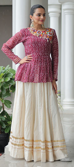 Red and Maroon, White and Off White color Long Lehenga Choli in Cotton fabric with Bandhej, Lace, Mirror work