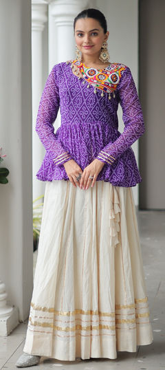 Purple and Violet, White and Off White color Long Lehenga Choli in Cotton fabric with Bandhej, Lace, Mirror work