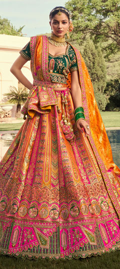 Orange, Pink and Majenta color Lehenga in Banarasi Silk fabric with Border, Embroidered, Printed, Resham, Stone, Weaving, Zari work