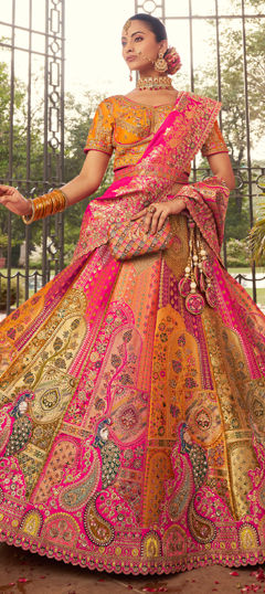 Orange, Pink and Majenta color Lehenga in Banarasi Silk fabric with Border, Embroidered, Printed, Resham, Stone, Weaving, Zari work