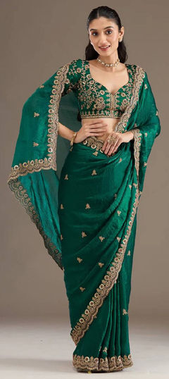 Green color Saree in Satin Silk fabric with Embroidered, Sequence, Thread, Zari work