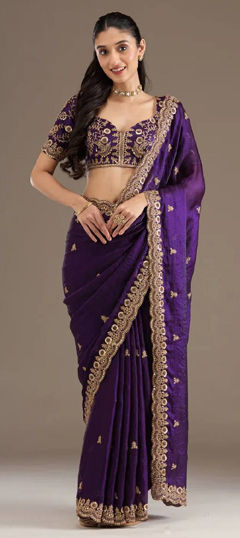 Purple and Violet color Saree in Satin Silk fabric with Embroidered, Sequence, Thread, Zari work