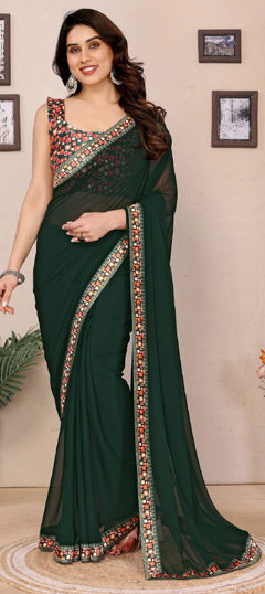 Green color Saree in Satin Silk fabric with Lace work