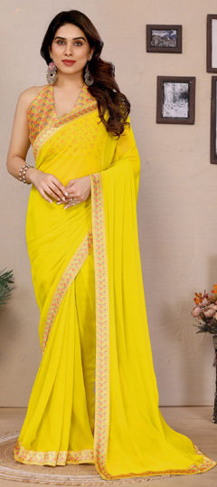 Yellow color Saree in Satin Silk fabric with Lace work