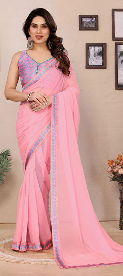 Pink and Majenta color Saree in Satin Silk fabric with Lace work